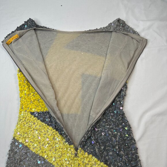 Alice + Olivia Taryn Colorblock Sequin Dress Mini Party Cocktail Yellow Gray 6 - Picture 14 of 16